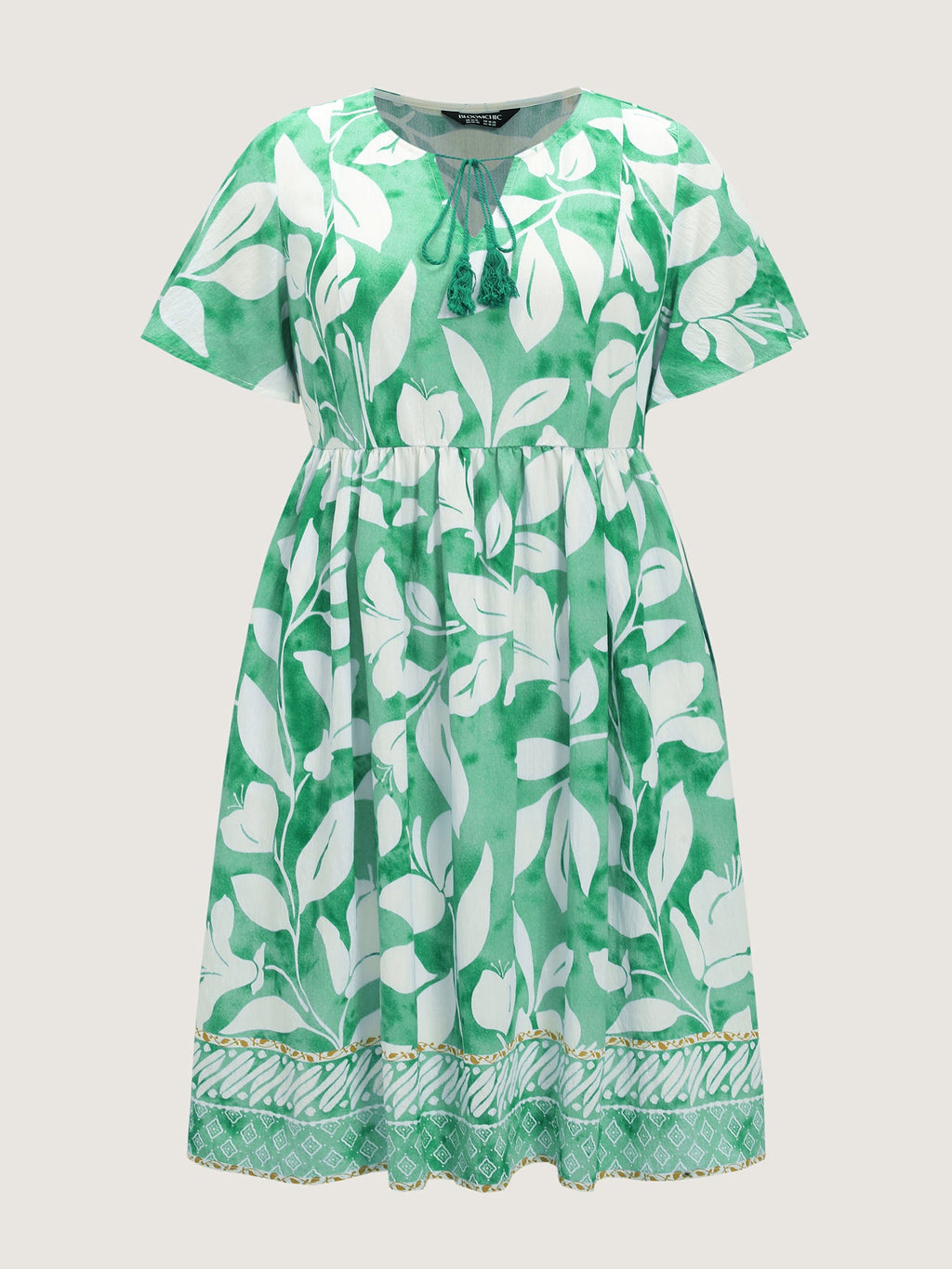 Leaf Print Neck-Tie Flowy Midi Dress