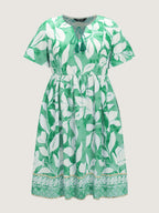Leaf Print Neck-Tie Flowy Midi Dress