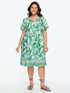Leaf Print Neck-Tie Flowy Midi Dress