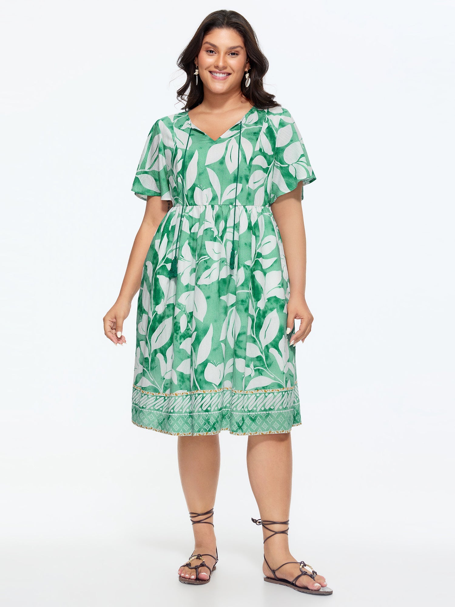 Leaf Print Neck-Tie Flowy Midi Dress