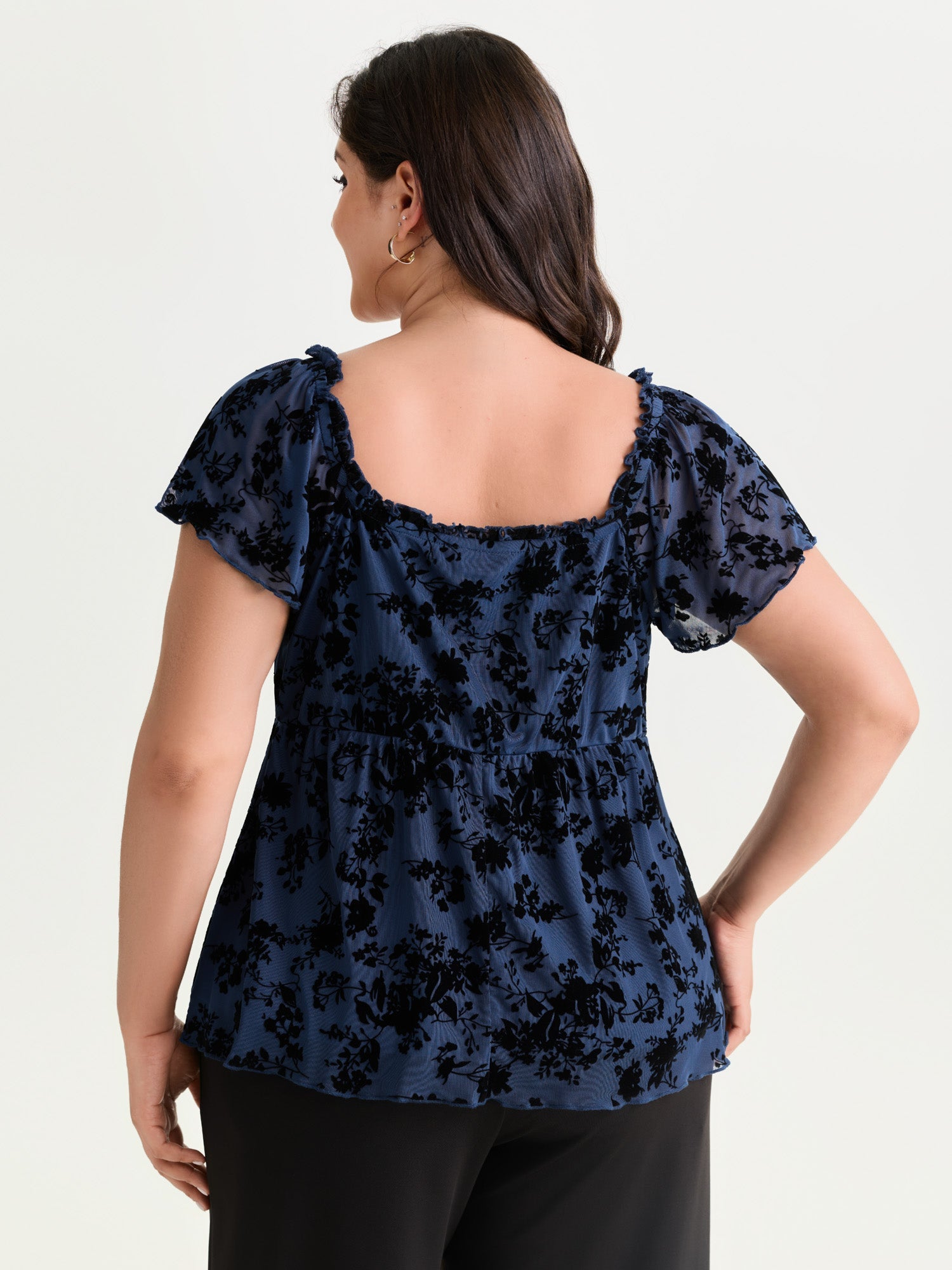 Flocked Floral Drawstring Neckline Knit Top