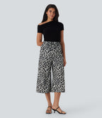 High Waisted Drawstring Leopard Print Wide Leg Capri Casual Pants with Pockets