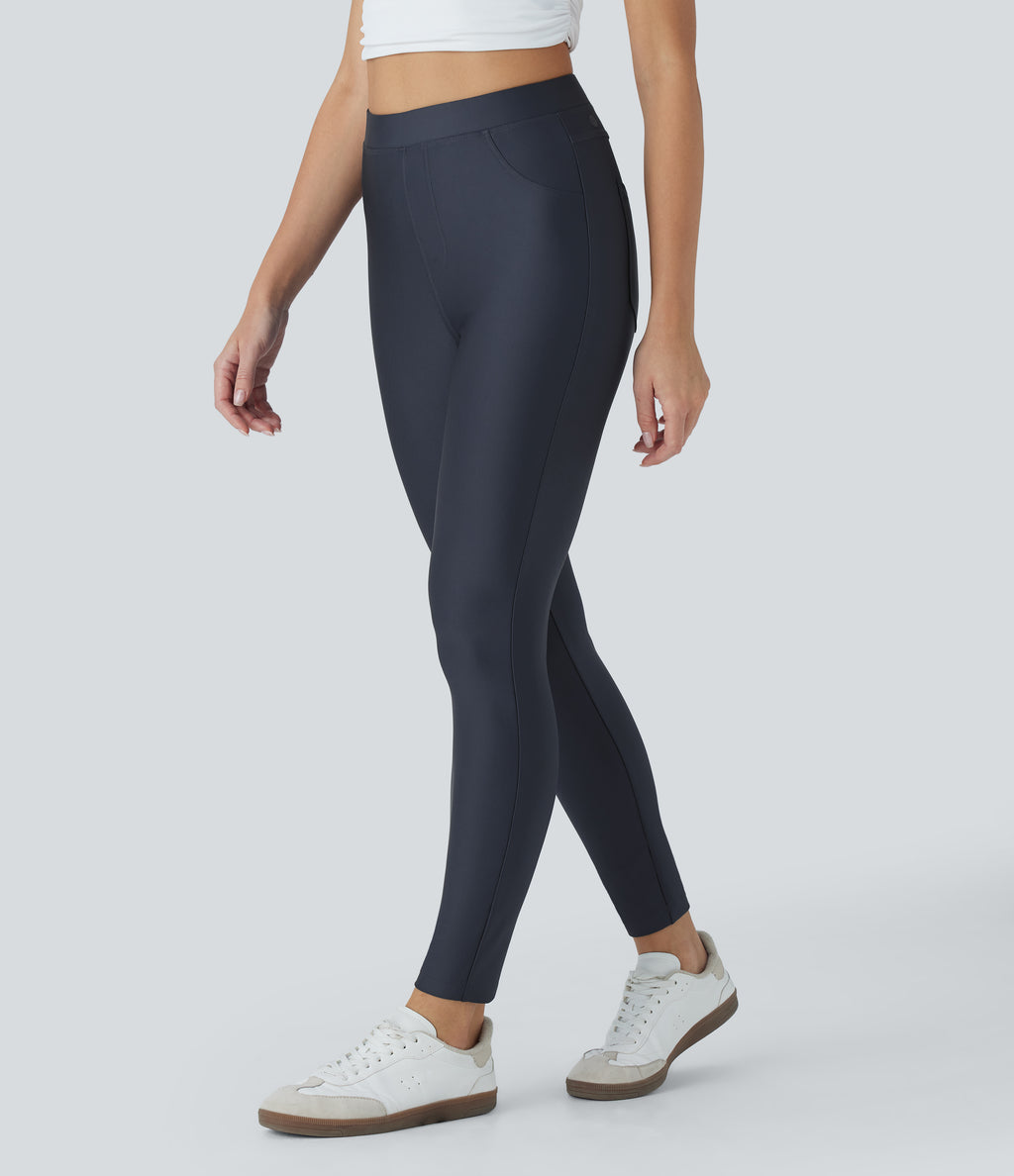 High Waisted Sheen Casual Skinny Pants with Pockets