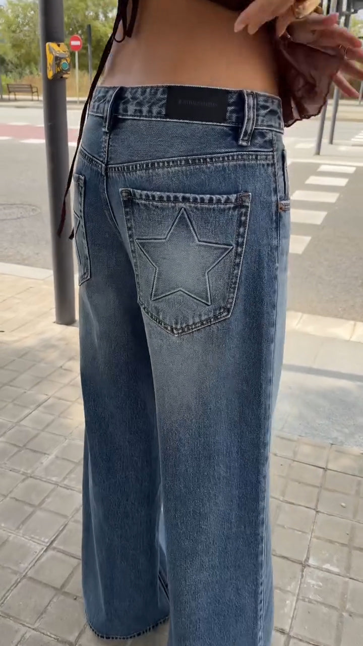 Women Wash Pocket Star Print Casual Jeans