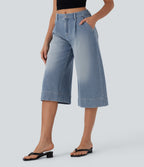 FlexTM Mid Rise Capri Wide Leg Washed Casual Jeans with Pockets