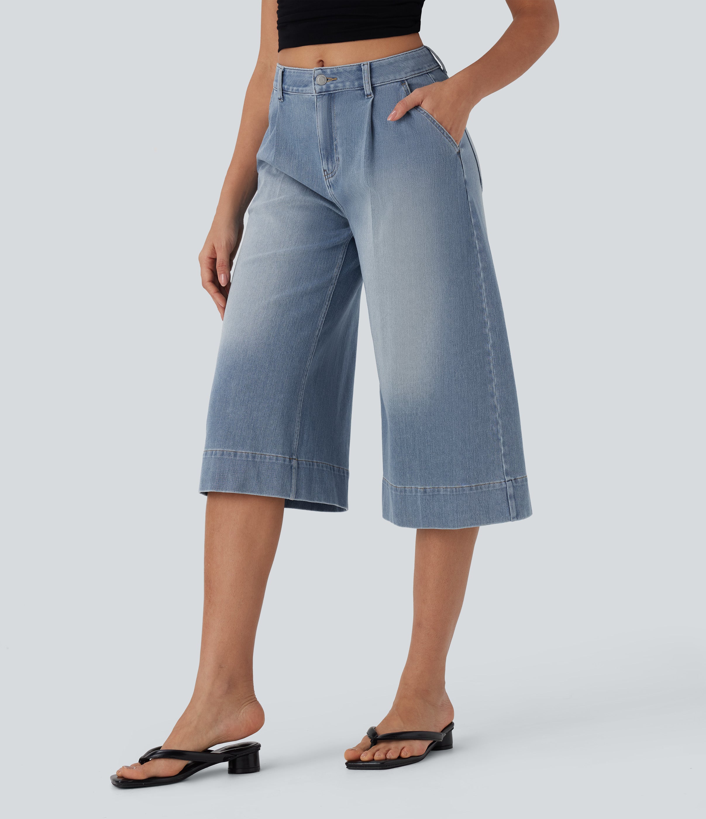 FlexTM Mid Rise Capri Wide Leg Washed Casual Jeans with Pockets