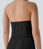 Halter Shirred Wide Leg Work Jumpsuit with Pockets