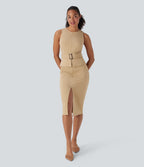 Sleeveless Keyhole-Back Belted Midi Work Dress