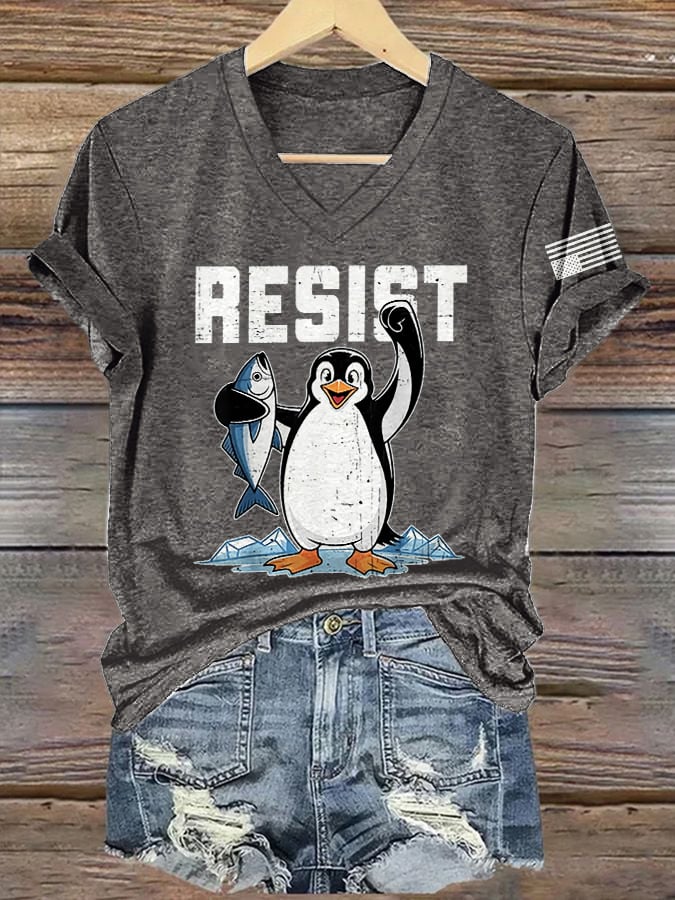 🔥Buy 3 Get 15% Off🔥V-Neck Retro Penguins Resist Tariffs Print T-Shirt