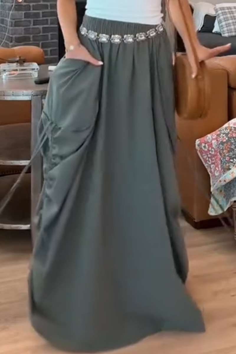 Ladies' Solid Color Side Drawstring Design Casual Skirt