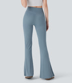 Ribbed Knit Crossover High Waisted Casual Flare Pants with Pocket