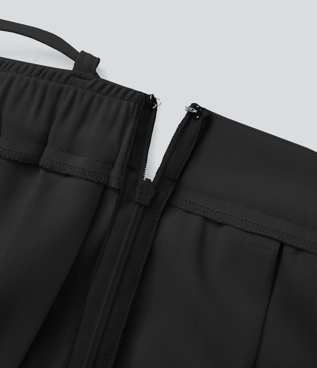 Mid Rise Belted Asymmetric Pleated Mini Casual Skirt