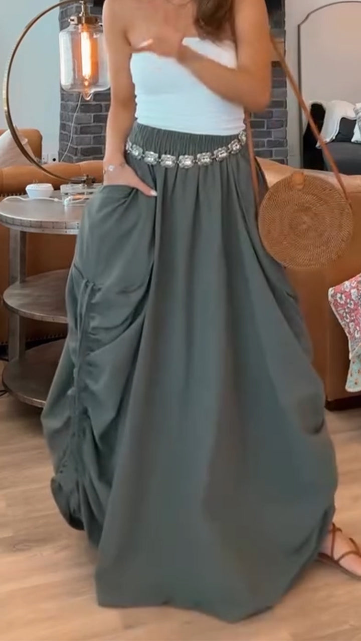 Ladies' Solid Color Side Drawstring Design Casual Skirt