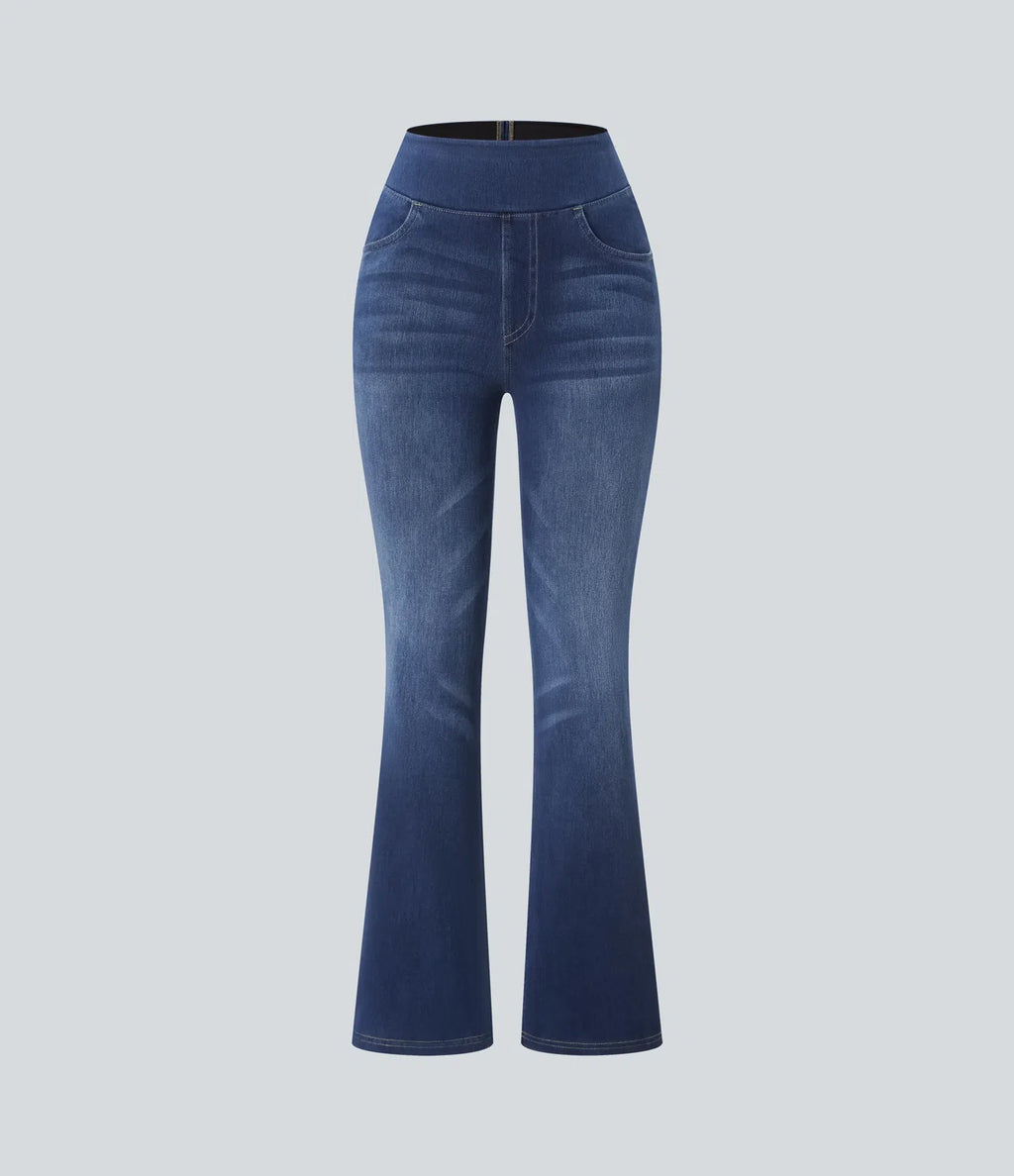 2026🔥FlexTM High Waisted Multiple Pockets Washed Stretchy Knit Casual Bootcut Jeans
