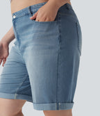 FlexTM High Waisted Multiple Pockets Rolled Hem Washed Stretchy Knit Denim Casual Plus Size Bermuda Shorts