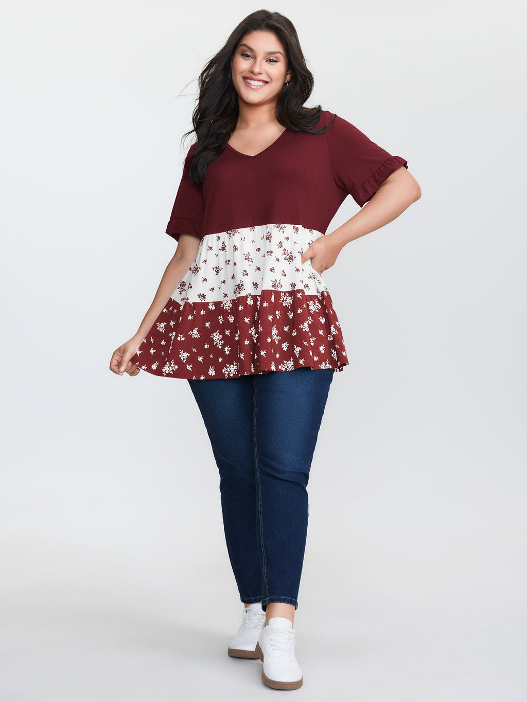 Color Contrast Floral Print Tiered Top