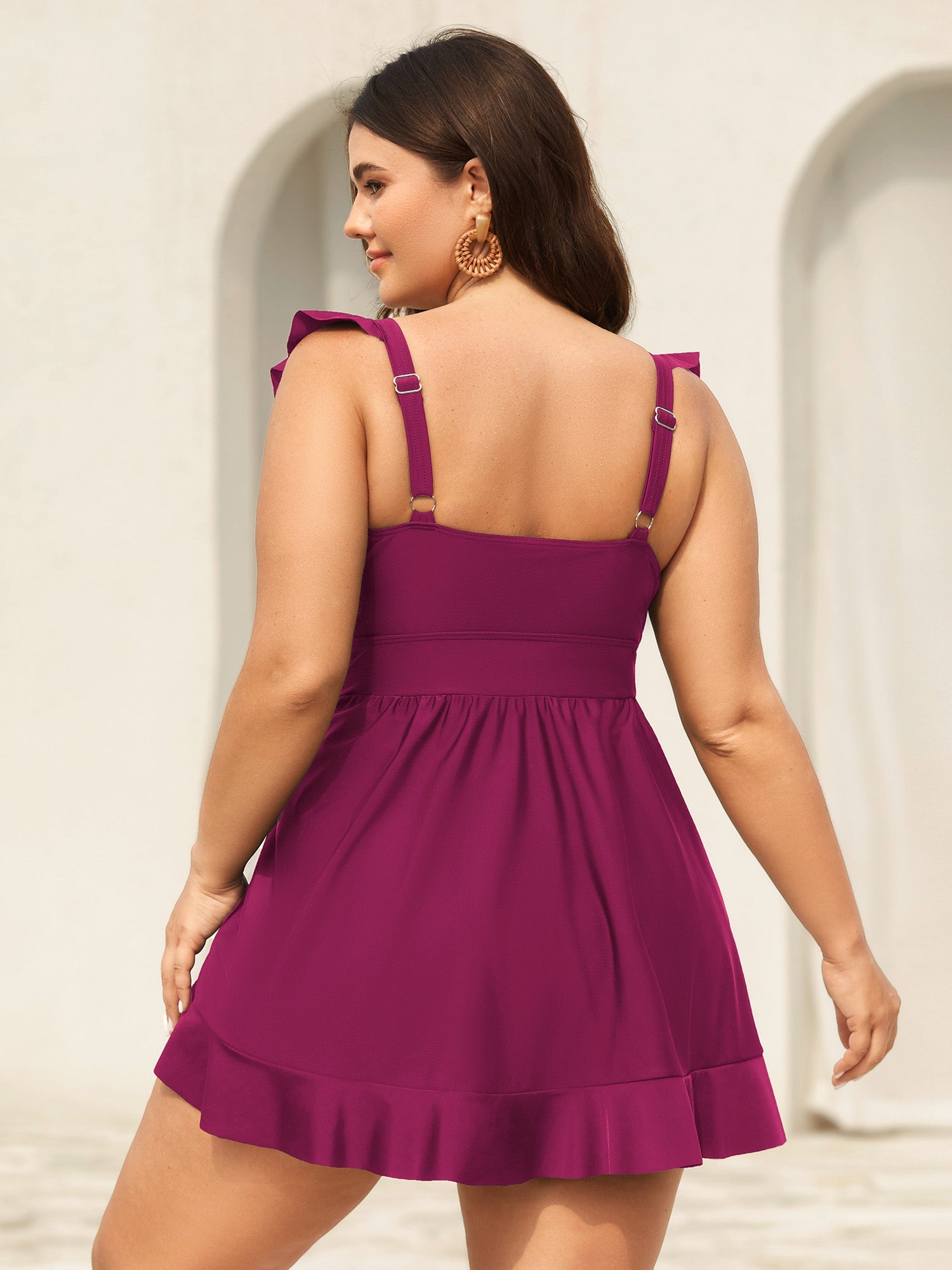 Ruffled Hem Flutter Sleeve Drawstring Swim Dress