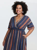 Striped Contrast Dolman Sleeve Shirred Pocket Split Flutter Dress