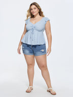 Supersoft Ruched Sweetheart Neckline Ruffled Sleeve Top