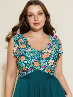 Floral Print Color Contrast Pockets Swim Dress