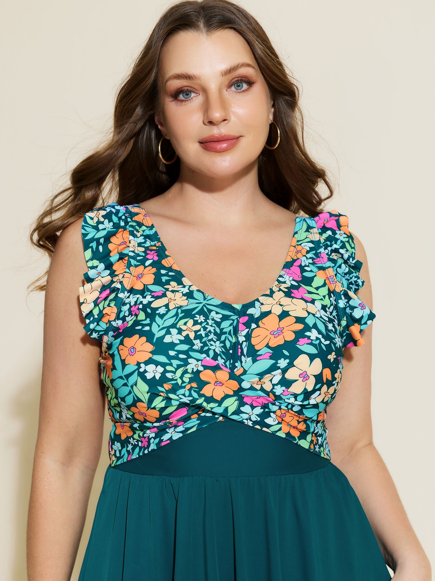 Floral Print Color Contrast Pockets Swim Dress