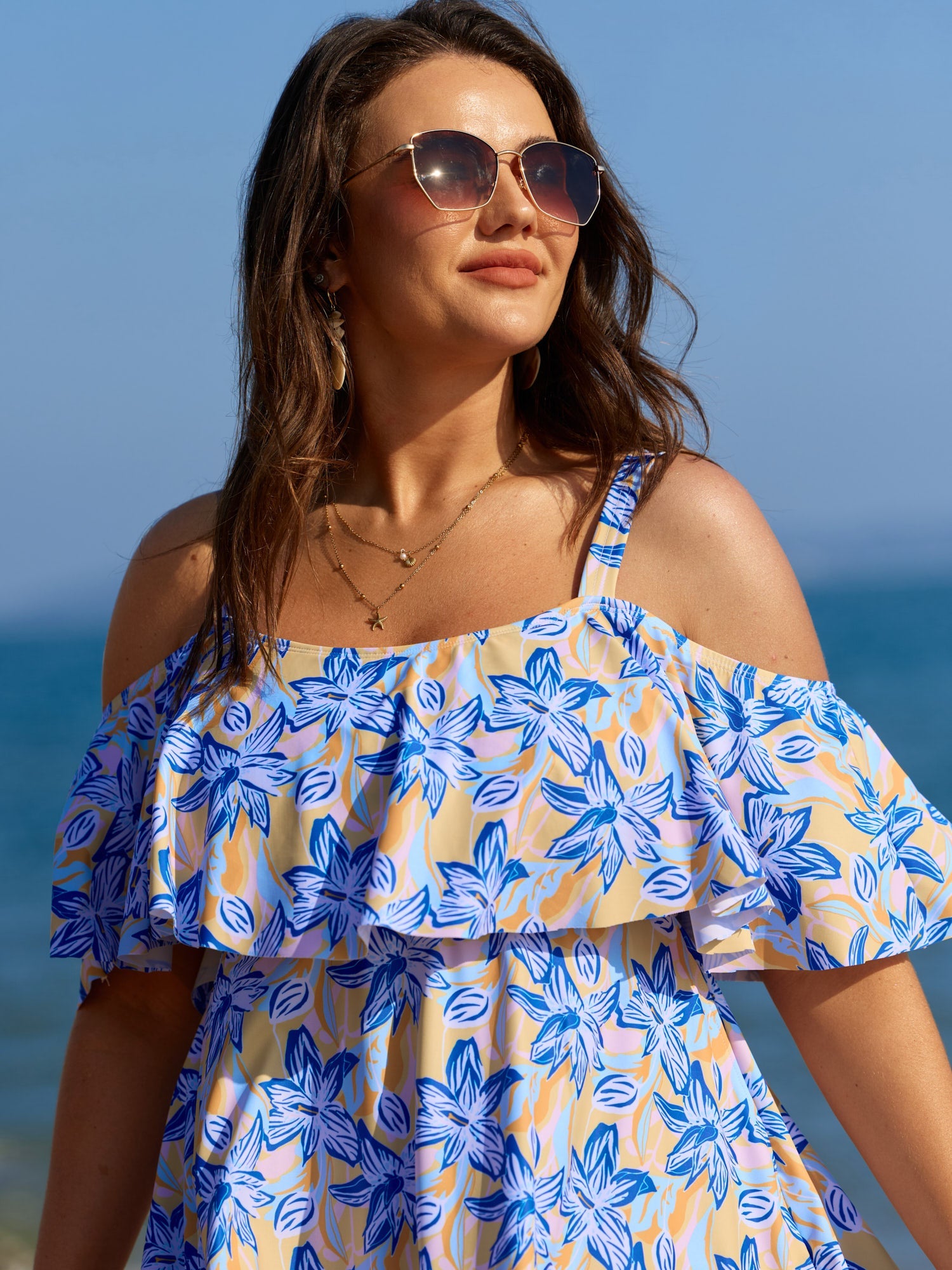 Floral Ruffle Trim Off Shoulder Pockets Swim Dress
