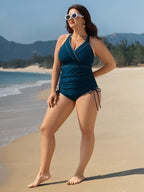 Embroidered Tummy-Control Pleated One-Piece Swimsuit