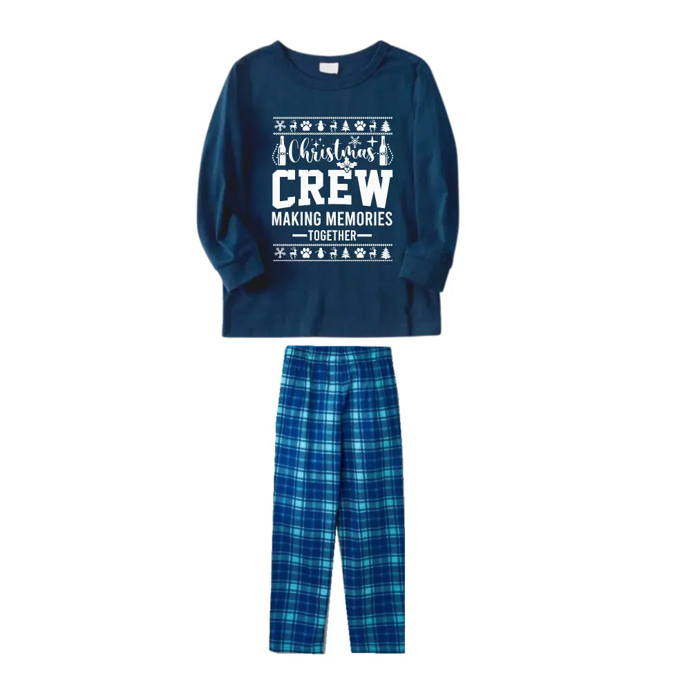 Christmas Family Matching Pajamas-Navy & Sky Blue Plaid Pjs Set with "Christmas Crew Making Memories Together" and Christmas Pattern Print
