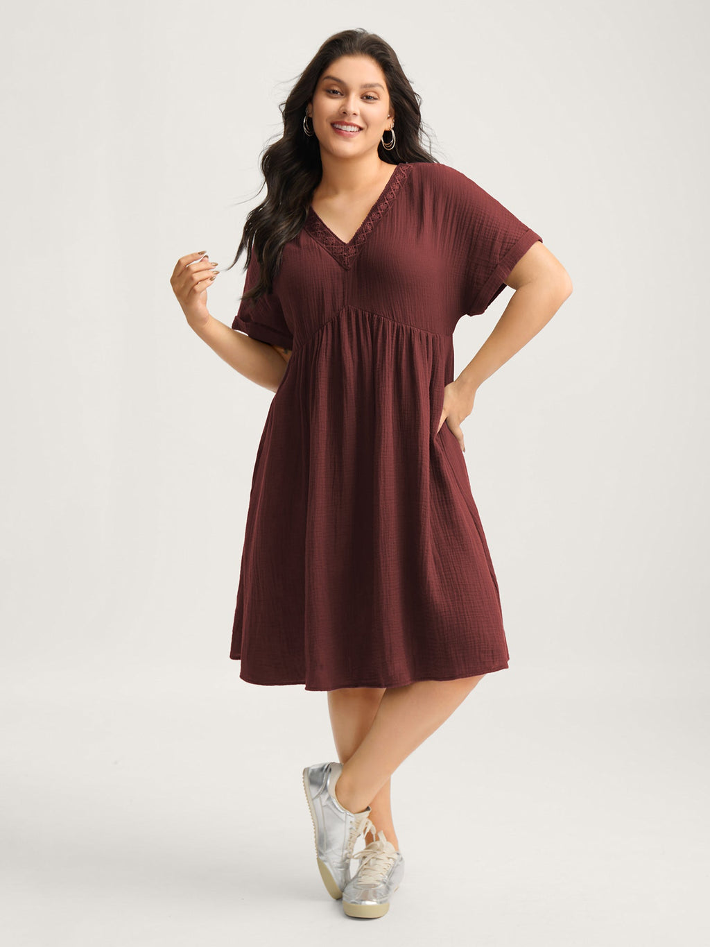 Pure Cotton Lace V-Neck Solid Mini Dress