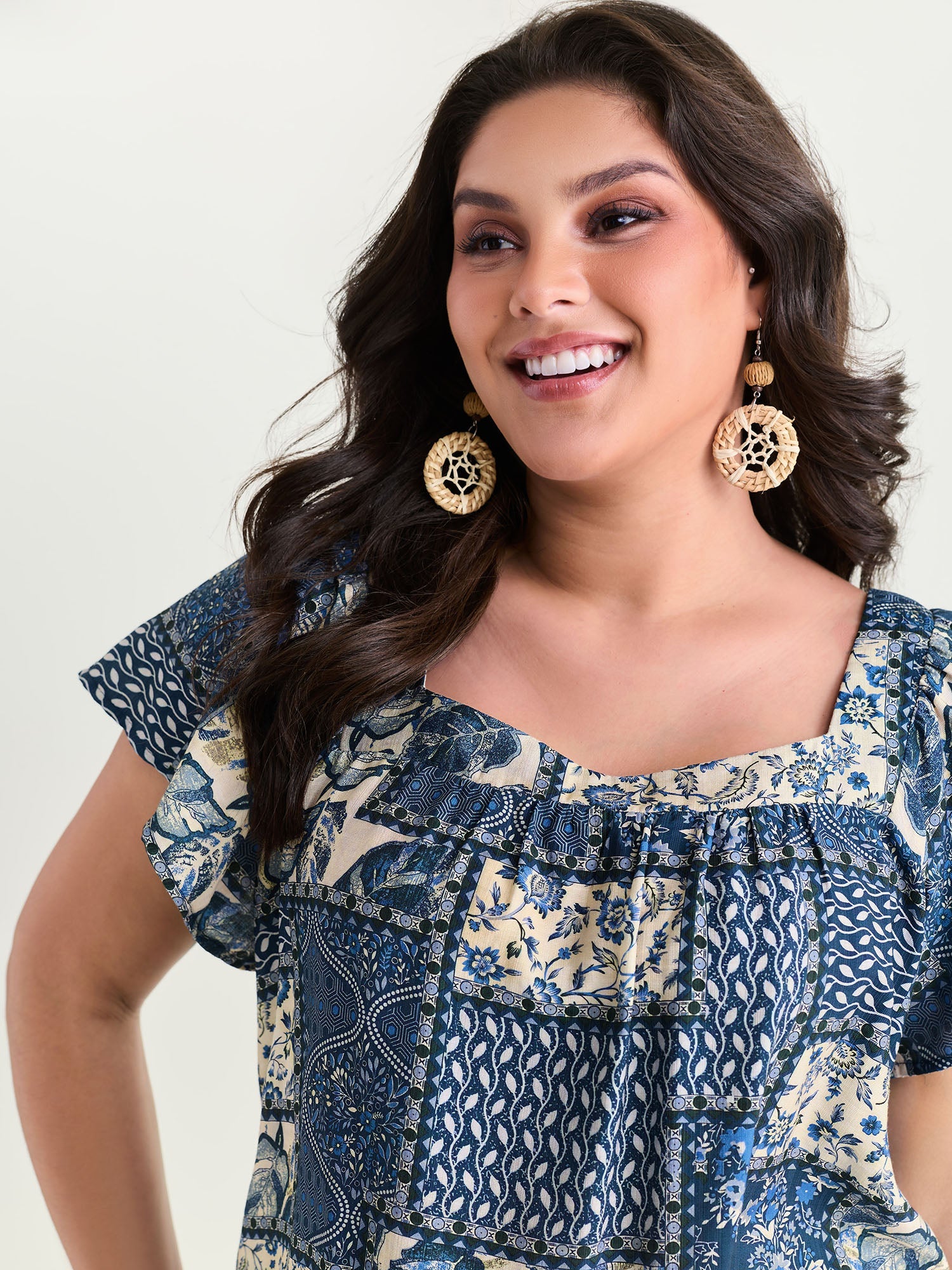 Collage Print Square Neckline Blouse