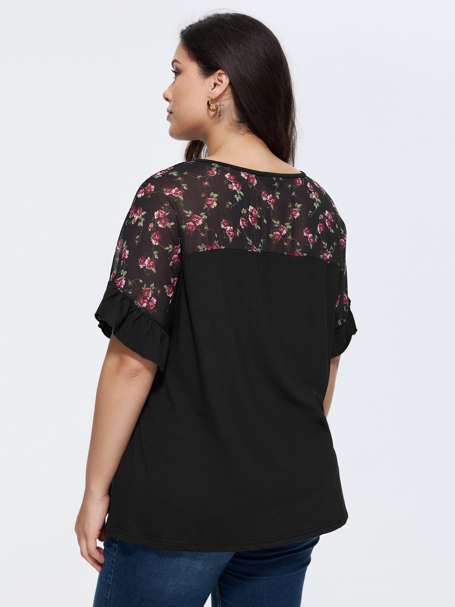 Sheer Floral Print Contrast Knit Top