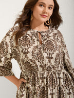 Damask Print Tie Knot Puff Sleeve Dress