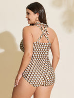 Geometric Print Sheer Split Hem One-Piece Swimsuit