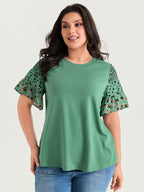 Supersoft Round Neck Color Block Floral Sleeve T-Shirt