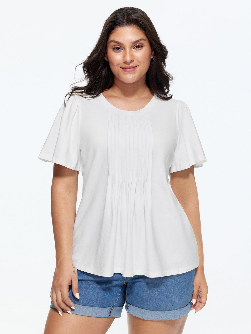 Cotton Toothpick Pleated Plain Flared Sleeve T-Shirt