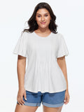 Cotton Toothpick Pleated Plain Flared Sleeve T-Shirt