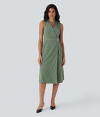 Anti-wrinkle V Neck Sleeveless Wrapped Belted Midi Travel Dress with Pockets