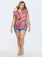 Cotton Vibrant Floral Print Flutter Sleeve Blouse