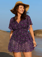 Colorful Sheer Floral Print Swim Dress