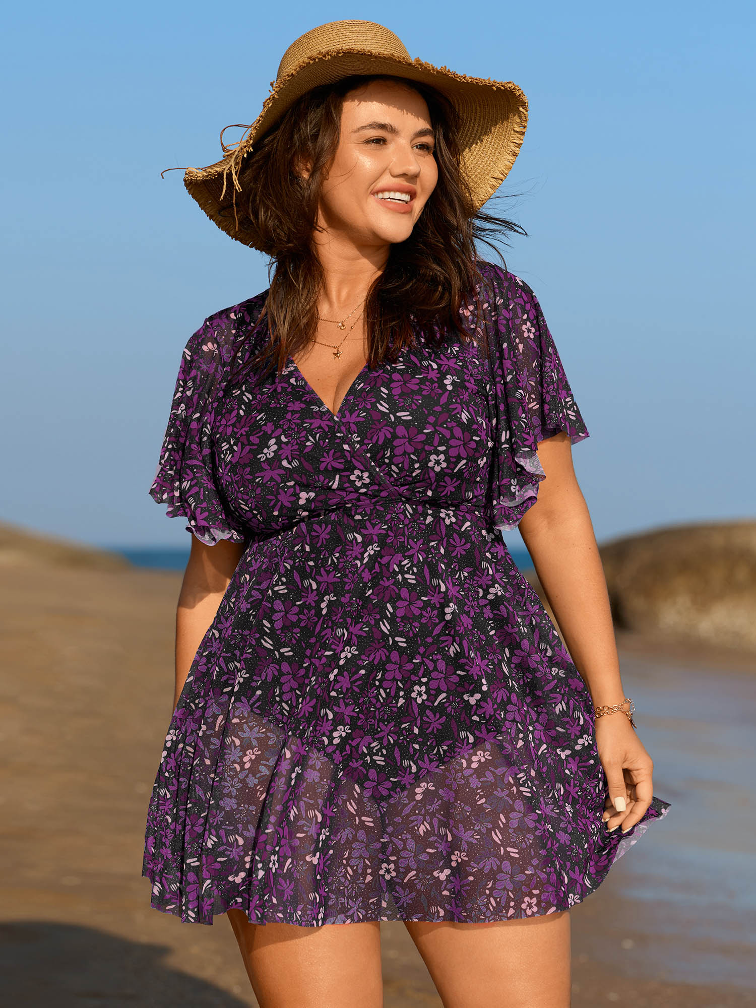 Colorful Sheer Floral Print Swim Dress