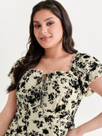 Flocked Floral Drawstring Neckline Knit Top