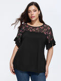 Sheer Floral Print Contrast Knit Top