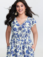 Floral Print Ruffled Sleeve Embroidered Midi Dress