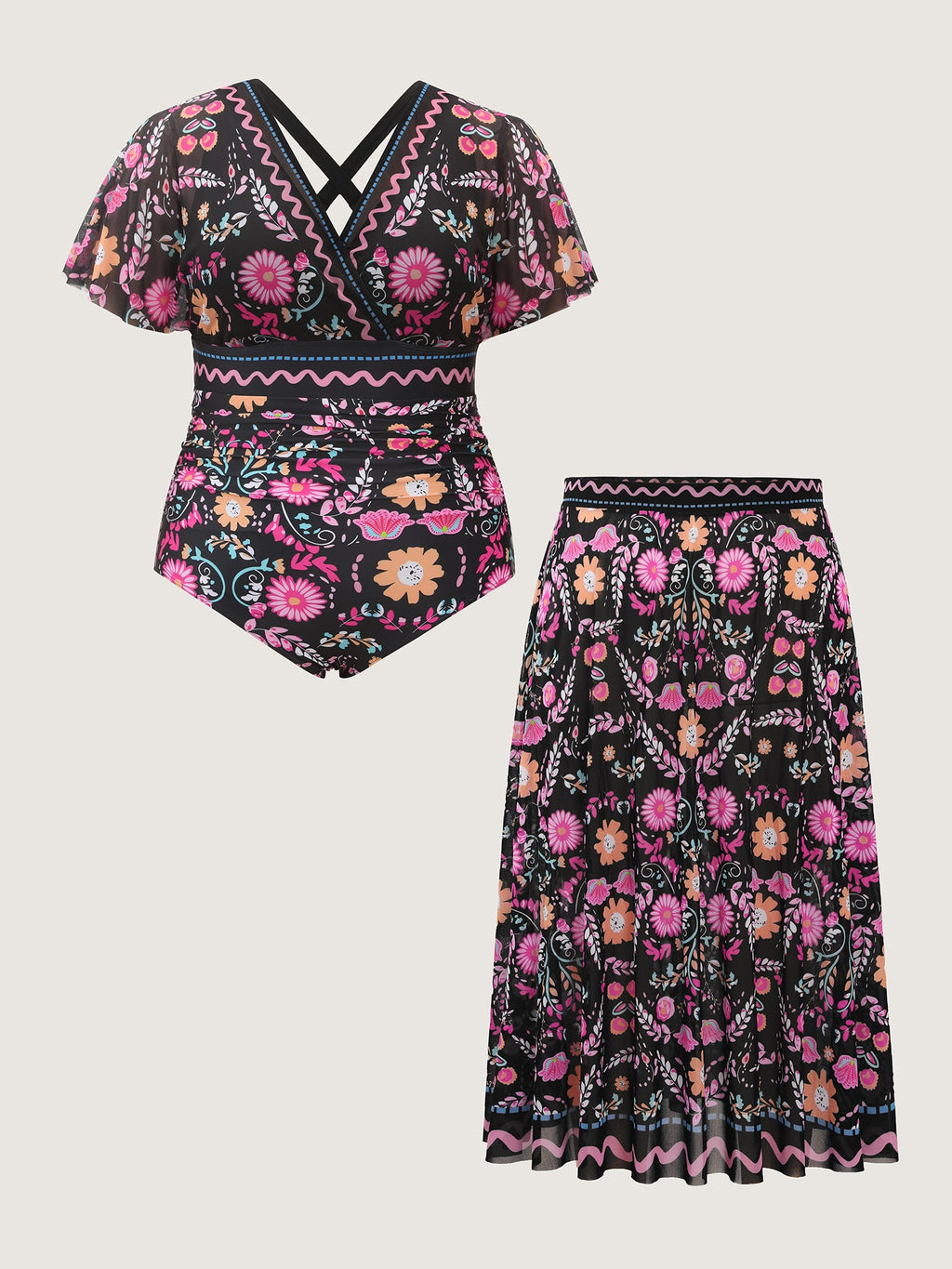 Sarong Two-Piece Tummy-Control One-Piece Swimsuit