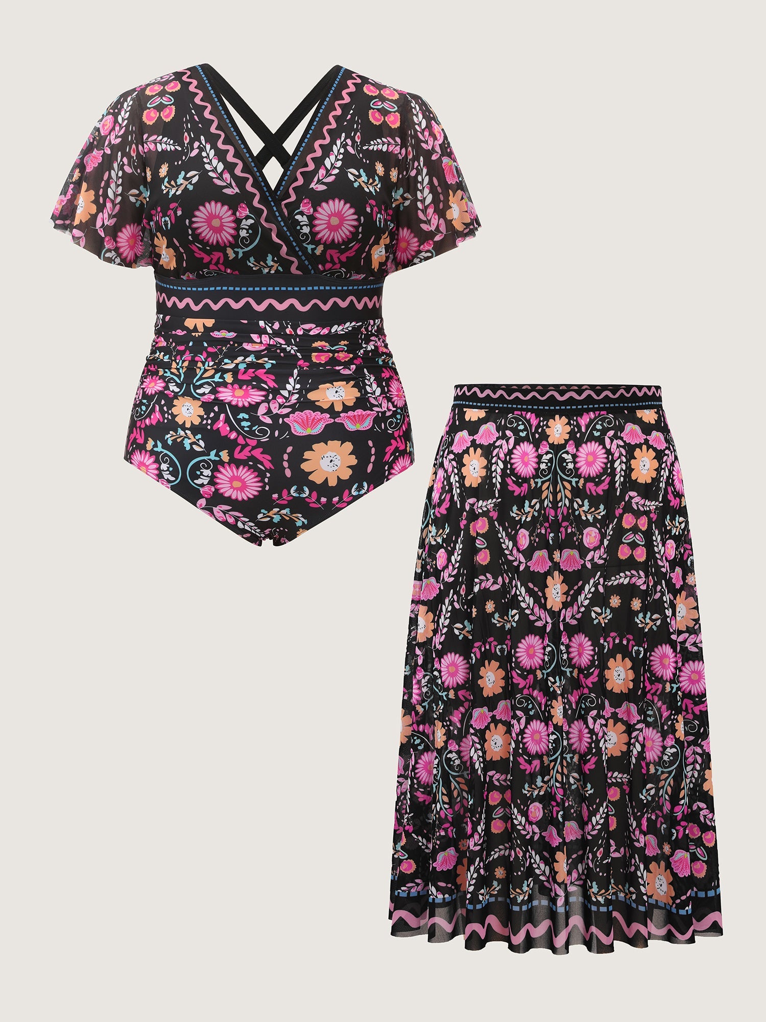 Sarong Two-Piece Tummy-Control One-Piece Swimsuit