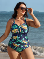 Tropical Print One Piece Swimsuit Sarong Set
