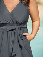 Surplice Neckline Belted Plain One-Piece Swimsuit