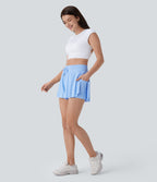 SoCinched High Waisted Tummy Control Drawstring 2-in-1 Anti-slip Hem Cool Touch Yoga Shorts with Pockets-UPF50+