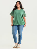 Supersoft Round Neck Color Block Floral Sleeve T-Shirt