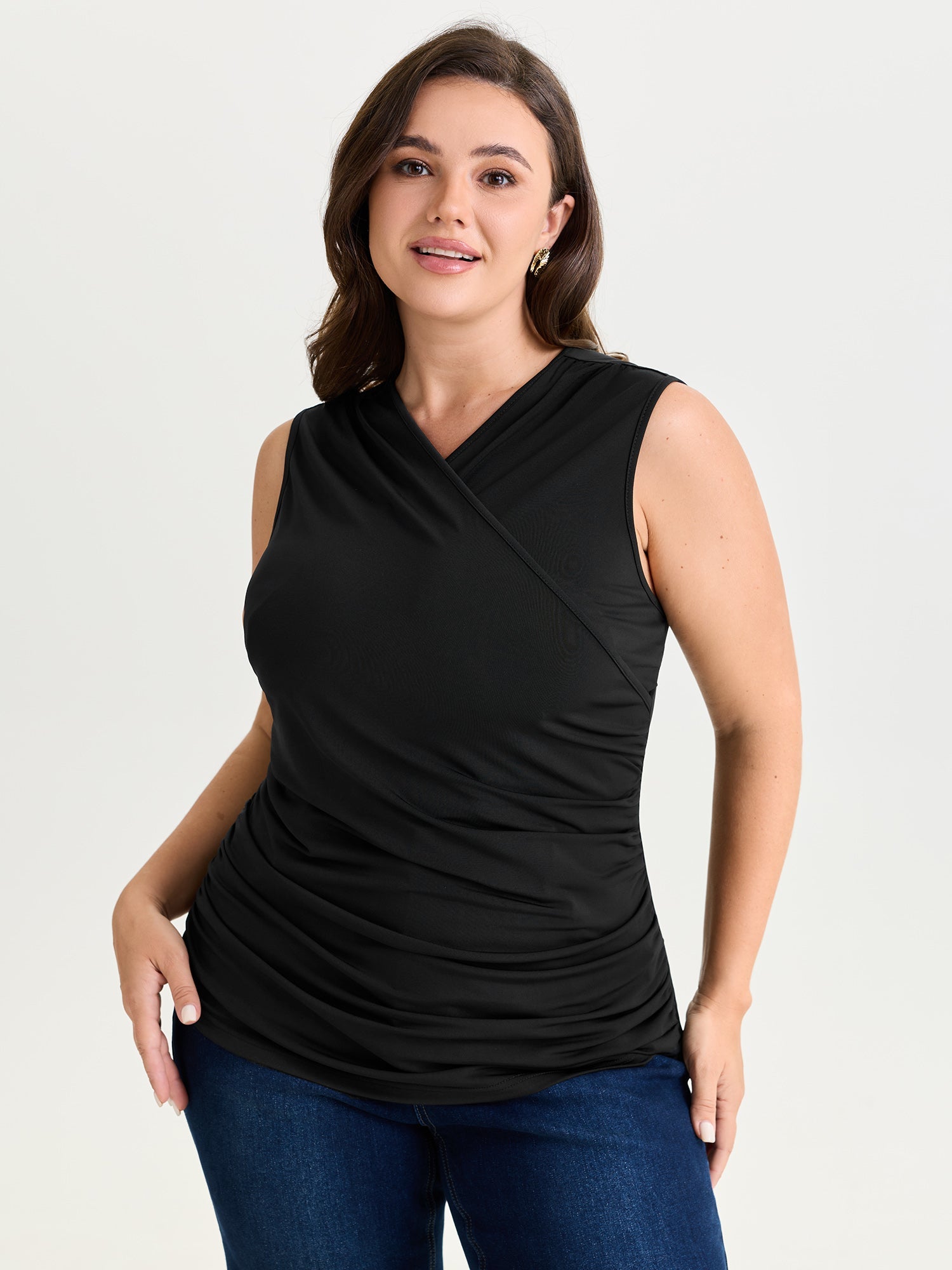 Stretchy Overlap Neckline Solid Tank Top